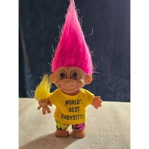 Vintage 1990s World's Best Babysitter Trolls w/ Pink Hair Baby Has Yellow Hair